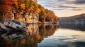 Stunning Fall Lake Scenic Image With Cliffs And Trees Royalty Free Stock Photo