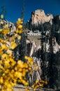 A stunning fall view with bright yellow aspen leaves of a mysterious geologic area called Wheeler