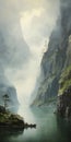 Fantasy-inspired Mountain River Painting With Subtle Atmospheric Perspective