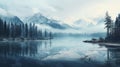 Serene Landscape Artwork With Mountains, Trees, And Tranquil Lake