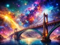 A Stunning Fantasy Space Bridge Arched Across a Cosmic Landscape Exploring Ethereal Architecture Amidst Nebulae and