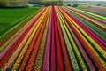 A stunning field full of colorful tulips with a charming farm in the backdrop, A colorful bird\'s eye vie