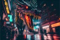 Stunning fierce dragon roaring in a city at night