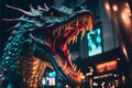 Stunning fierce dragon roaring in a city at night