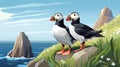 Stunning Flat Shading Cartoon Of Puffins At Three Puffins Greek Restaurant