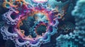 A stunning fractal landscape resembling a vibrant underwater coral reef, bursting with rich, holographic colors
