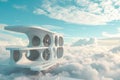 A stunning futuristic building seamlessly merges with the endless expanse of clouds, A futuristic playground floating in the