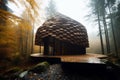 Stunning futuristic chicken nugget house, magical misty forest environment