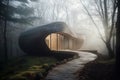 Stunning futuristic chicken nugget house, magical misty forest environment