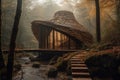 Stunning futuristic chicken nugget house, magical misty forest environment