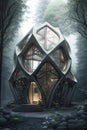 Stunning futuristic heartcore eco-home, misty forest environment. Generative AI