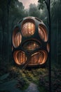 Stunning futuristic heartcore eco-home, misty forest environment. Generative AI