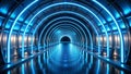 A Stunning Futuristic Illuminated Tunnel Exploring Blue Archways Reflective Surfaces and Symmetrical Tech Architecture