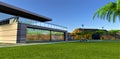 A stunning futuristic villa built on the wonderful green lawn in the mountains region. 3d rendering