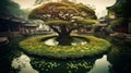 Stunning garden in the center of the pond with mirror like pond reflection, with nature beauty oriental pavilion