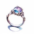 Realistic Watercolor Ring Drawing With Blue And Purple Stone
