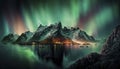 Stunning generative AI illustration epic landscape of Northern Lights Aurora Borealis over mountain lake and snowcapped peaks Royalty Free Stock Photo