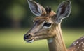 Portrait of a key deer, side view, blurred green grass background, generative AI