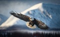 American bald eagle in flight over snow-covered mountain in Alaska\'s Kenai snow mountains generative AI Royalty Free Stock Photo