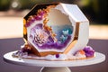 Stunning Geode Wedding Cake with Edible Crystals and Flowers on a White Table - ai generated