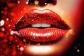 stunning glossy red female lips with blurred background