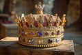 A stunning gold crown elegantly placed on a rustic wooden table, showcasing the epitome of opulence and sovereignty, A gift box