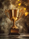 A stunning golden trophy cup stands resplendent, its ornate handles and gleaming surface radiating an aura of triumph Royalty Free Stock Photo