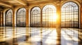Stunning Grand Hall with Arched Windows Illuminated by Sunset, Elegant Architecture, and City View Royalty Free Stock Photo