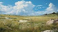 Expansive Midwest Grassland: Realistic Painting Of A Meadow With Flowers