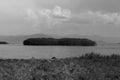 A grayscale shot of a small island covered with lush vegetation in Hayravank town near Sevan Lake