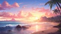 Mesmerizing Sunset Beach Illustration In Kawacy Style Royalty Free Stock Photo