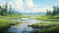 Pastel Illustration Of A Grassy Swamp With A River