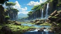 Majestic Waterfall In Anime Art Style - Uhd Image