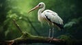 Stork On Wood Branch Dark White And Light Green Photographic Style