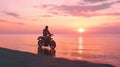 Happy Motorcyclist Rides Bike on Beach at Sunset