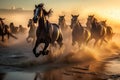 Stunning Herd Of Horses Running at sunset. Amazing wild life. Generative Ai