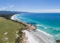 Drone view of Denison Beach north of the village of Bicheno, Tasmania, Australia