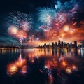 Vibrant Fireworks Spectacle: Majestic Explosions in Night Sky Royalty Free Stock Photo