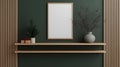 Minimalist Christmas Mockup: Stylish Wood Frame, Mini Tree & Green Wall Interior Royalty Free Stock Photo