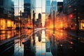 Twilight Reflections: Vibrant Urban Cityscape in Glass Royalty Free Stock Photo