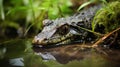 Peaceful Serenity: Baby Alligator Resting on Riverbank
