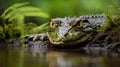 Peaceful Serenity: Baby Alligator Resting on Riverbank