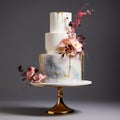 Elegant Delights: Vibrant Floral Adorned Marble Cake on Gold Stand