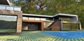 Stunning high-tech house in a pine forest. Exterior finish in slate and faÃÂ§ade boards. 3d render.