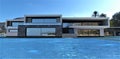 Stunning high-tech house on the shores of the bay in Tenerife. Clear skies and blue water. 3d render.