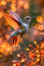 Stunning Hummingbird in Flight Against Shimmering Bokeh Background with Floral Elements