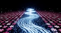 Abstract digital pathway, blue data streams, and light trails winding through pink sakura blossoms Royalty Free Stock Photo