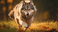 Stunning Hyper-realistic Portraiture: Majestic Grey Wolf Running In Fall