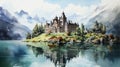 Islet Of Austria: Realistic Watercolor Illustration Of A Castle On The Lake