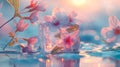 Stunning ice block amidst daisies and pink flowers, AI-generated.